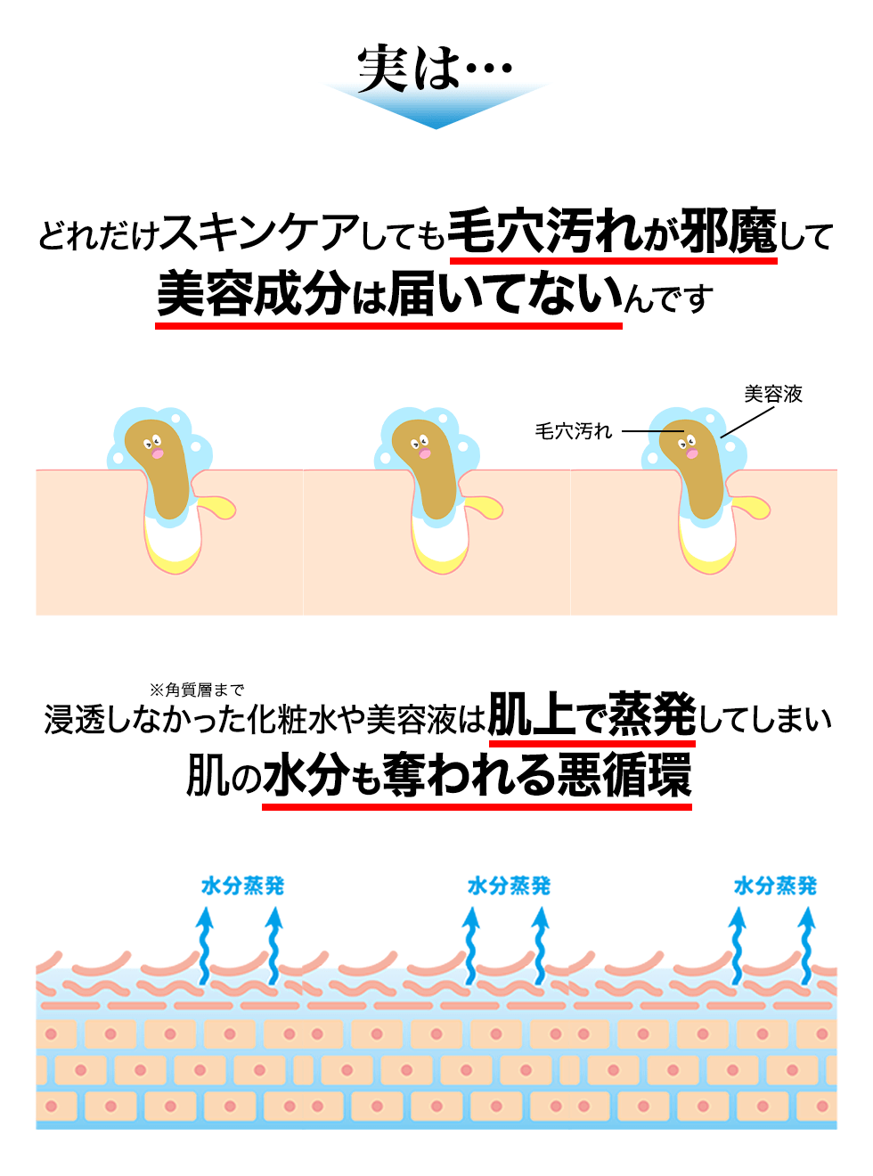 実は…どれだけスキンケアしても毛穴汚れが邪魔して美容成分は届いてないんです